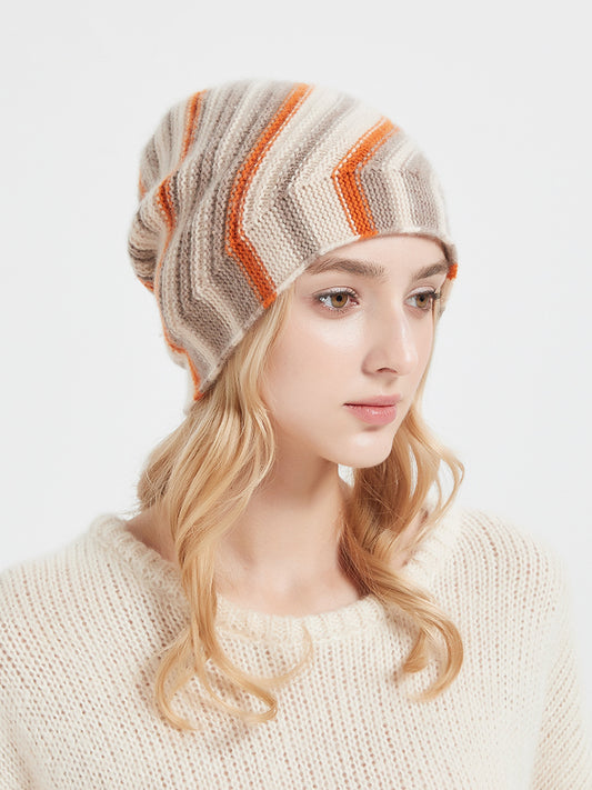 Women’s 100% Cashmere Knit Beanie Hat – Soft Winter Warm Slouchy Cap, Striped Design, 4 Colors