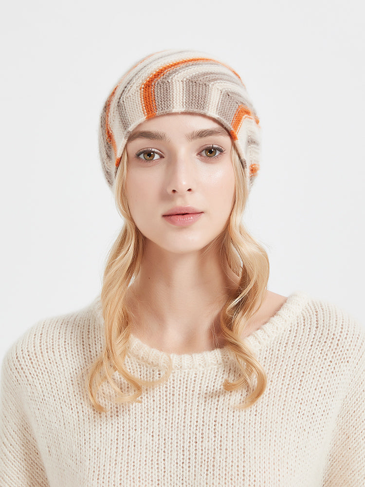 Women’s 100% Cashmere Knit Beanie Hat – Soft Winter Warm Slouchy Cap, Striped Design, 4 Colors