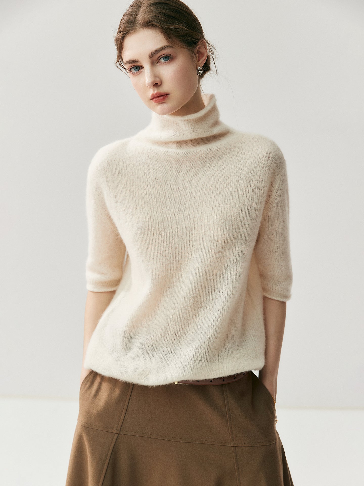 75% Cashmere + 25% Silk Women's Short-Sleeved Thin Knit Base Layer Undershirts