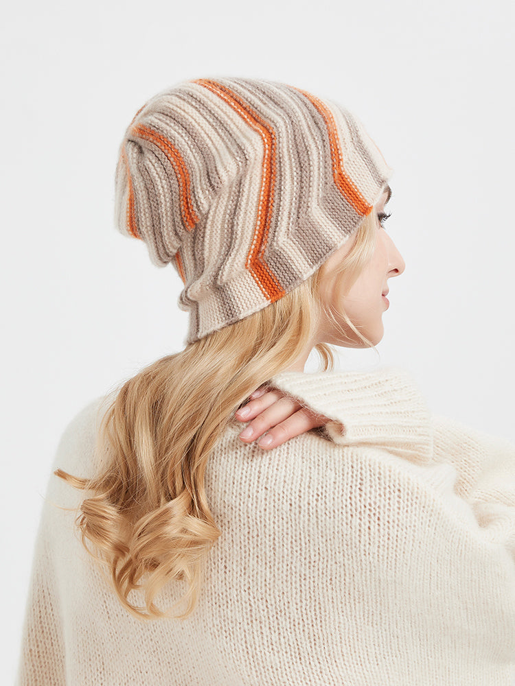 Women’s 100% Cashmere Knit Beanie Hat – Soft Winter Warm Slouchy Cap, Striped Design, 4 Colors
