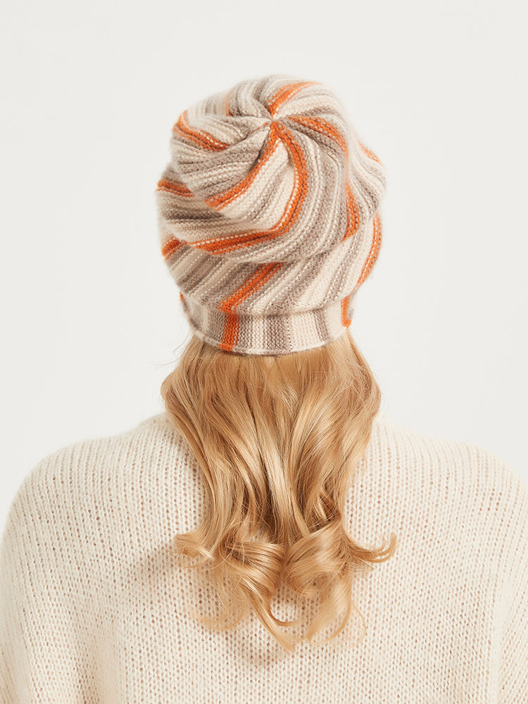 Women’s 100% Cashmere Knit Beanie Hat – Soft Winter Warm Slouchy Cap, Striped Design, 4 Colors