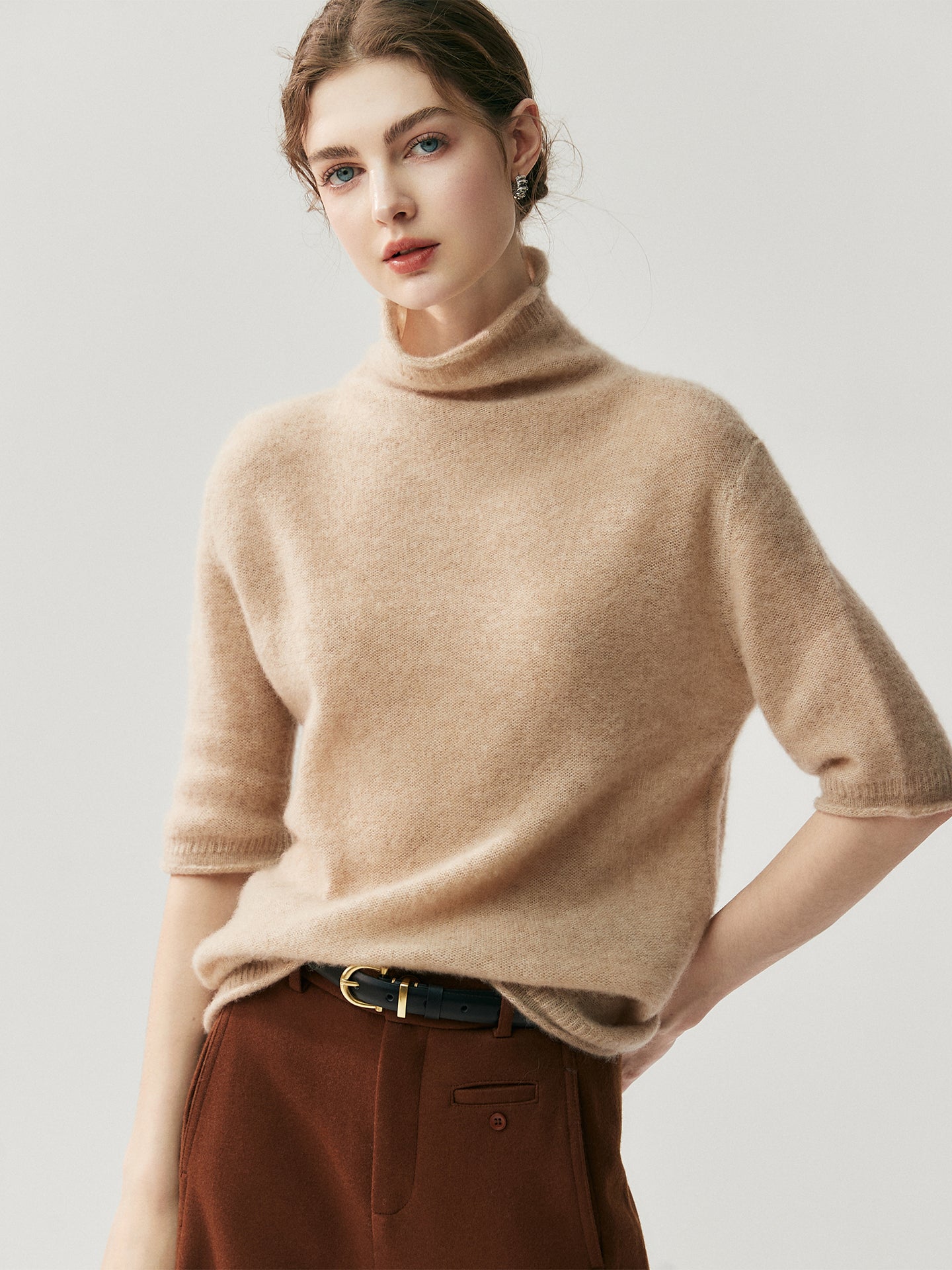 75% Cashmere + 25% Silk Women's Short-Sleeved Thin Knit Base Layer Undershirts