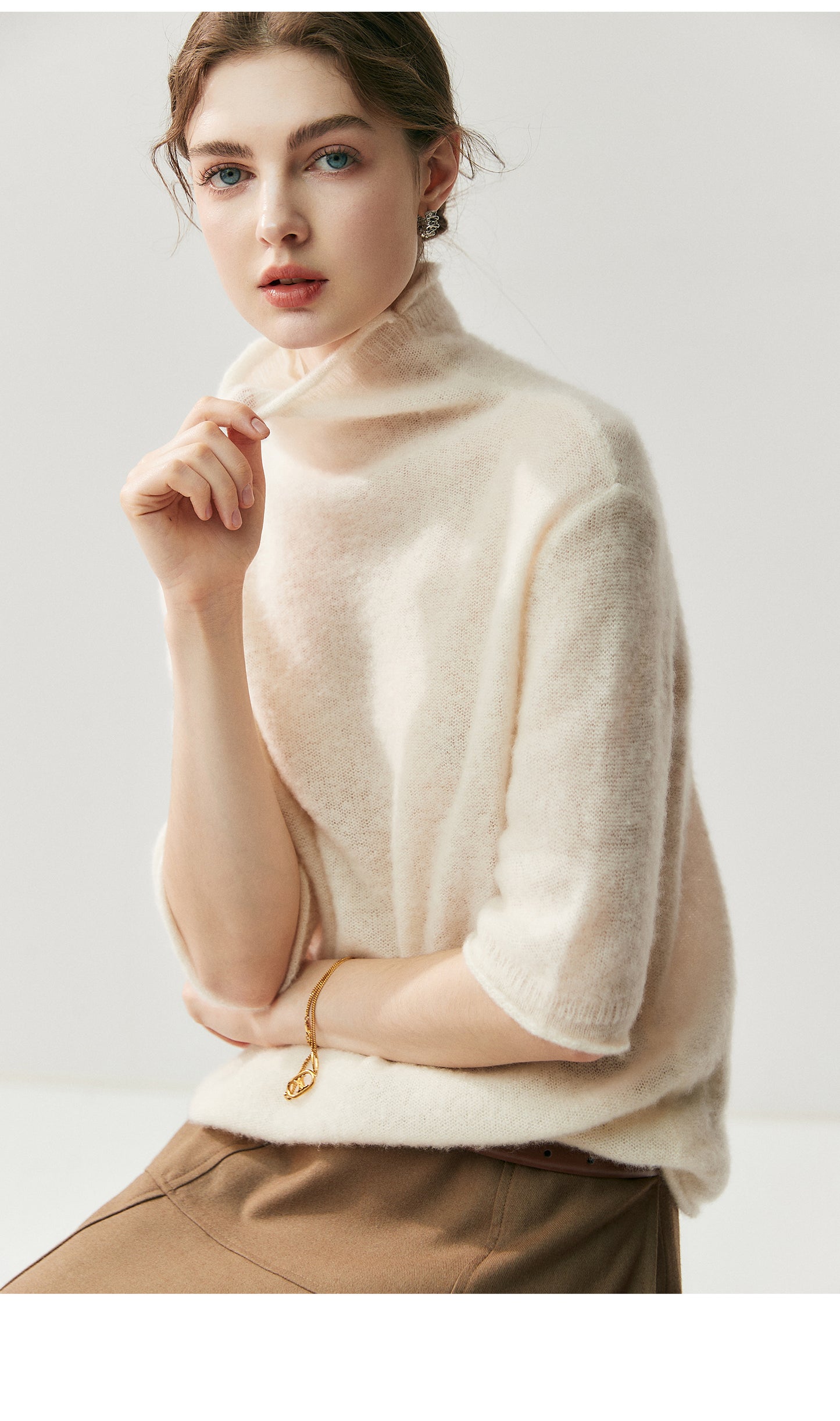 75% Cashmere + 25% Silk Women's Short-Sleeved Thin Knit Base Layer Undershirts