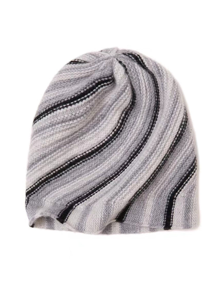 Women’s 100% Cashmere Knit Beanie Hat – Soft Winter Warm Slouchy Cap, Striped Design, 4 Colors